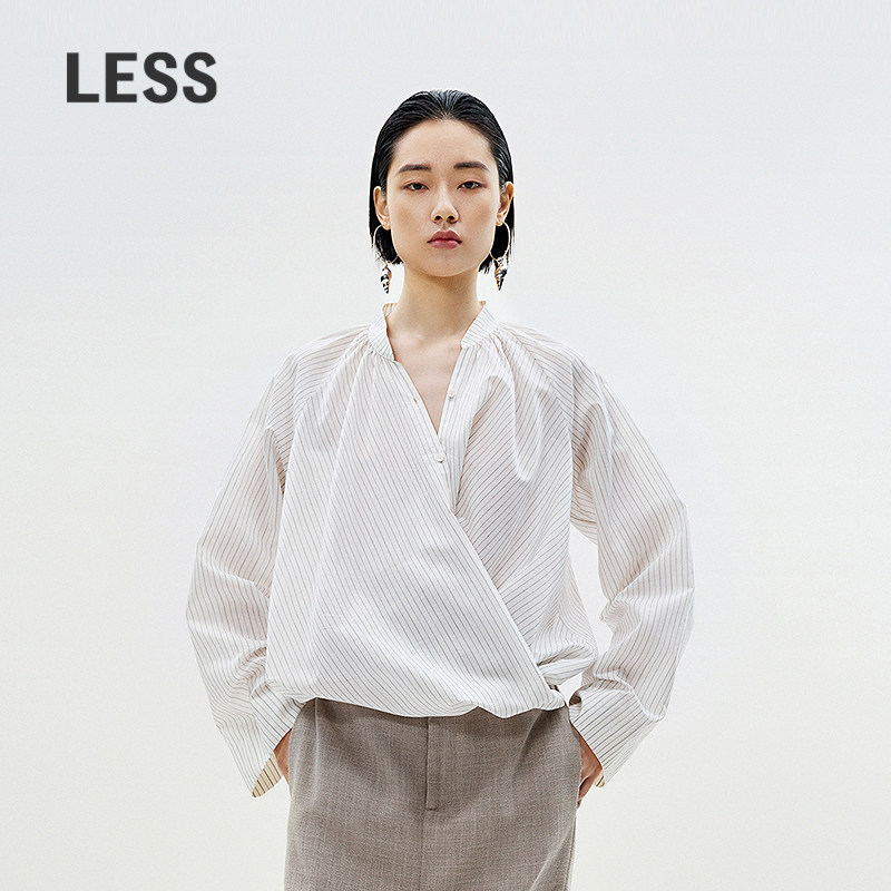 LESS设计感立领条纹衬衫女通勤新中式围裹插肩袖上衣2P5210
