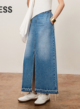 LESS春秋高腰牛仔半身裙女休闲直筒开叉毛边长款半身裙2O7D13450
