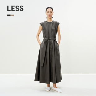 LESS夏全棉舒适优雅收腰长裙气质利落无袖 A字连衣裙女2P5G14050