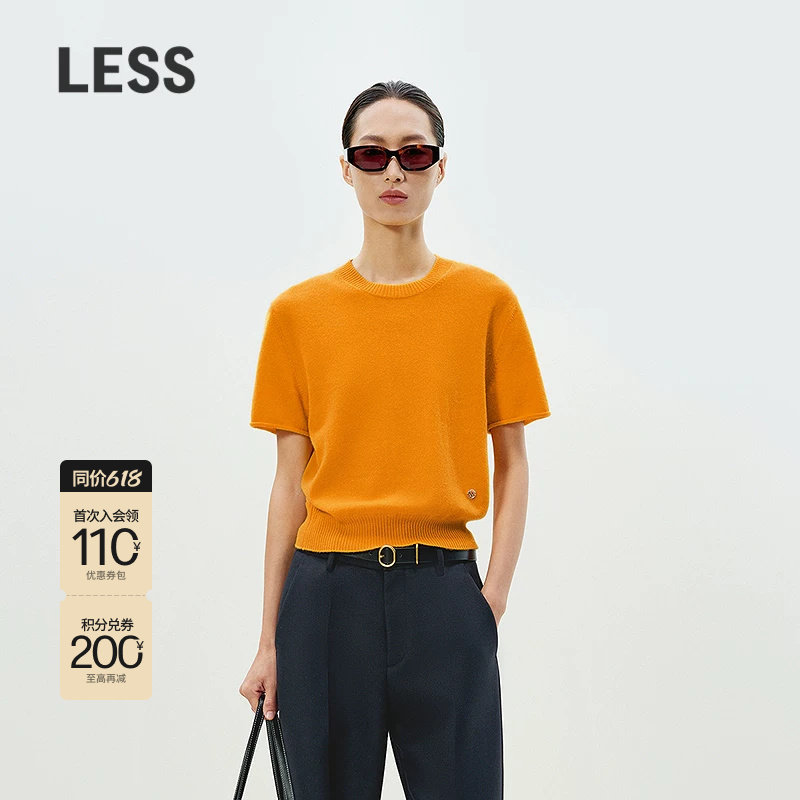LESS春圆领休闲舒适针织短袖套头T恤简约软糯羊绒衫女2P131