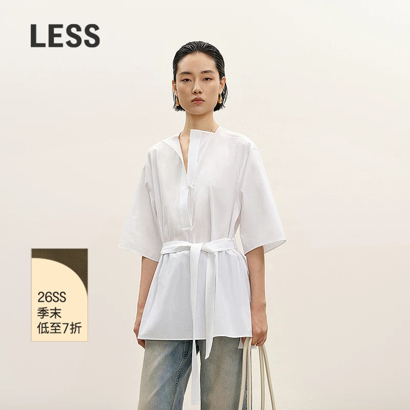 LESS无领系带中袖纯白衬衫图片