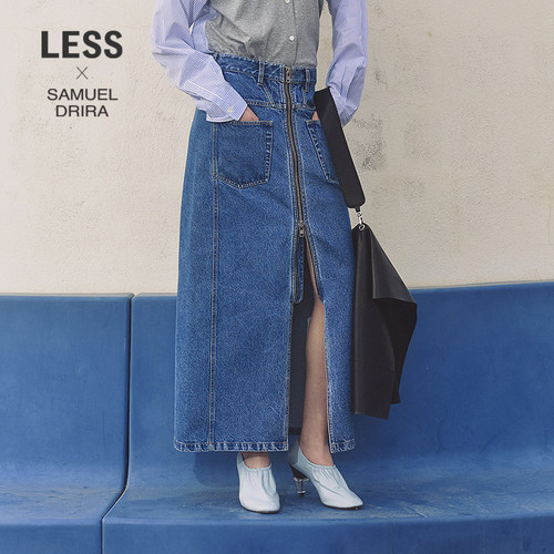 LESS长款拉链开叉工装牛仔半身裙