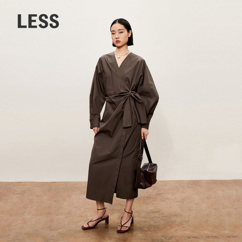 LESS春秋V领长袖连衣裙女全棉收腰系带长款优雅衬衫裙子2O7G
