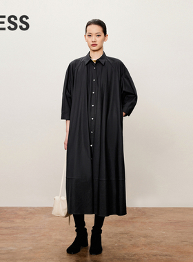 LESS秋冬翻领衬衫连衣裙通勤黑色全棉休闲简约A字长裙2O7G13000