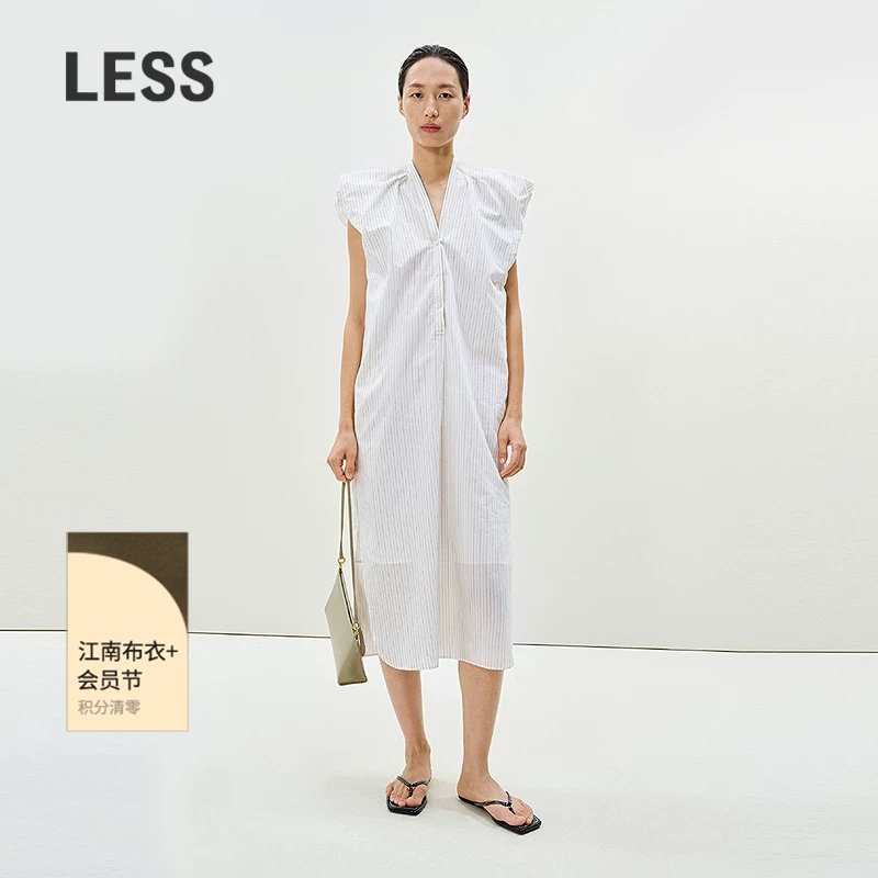 LESS夏季无袖连衣裙套头含里侧开衩休闲条纹设计感裙子2P5G13240