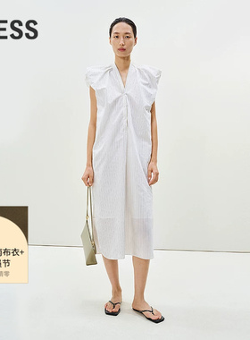 LESS夏季无袖连衣裙套头含里侧开衩休闲条纹设计感裙子2P5G13240