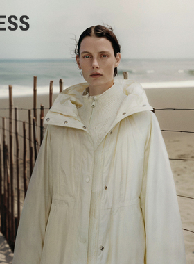 LESS冬白鸭绒外套女纯色休闲宽松连帽抽绳羽绒服中长款2NAC12610