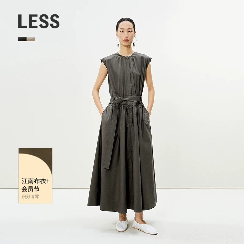 LESS夏全棉舒适优雅收腰长裙气质高智感无袖A字连衣裙女2P5G