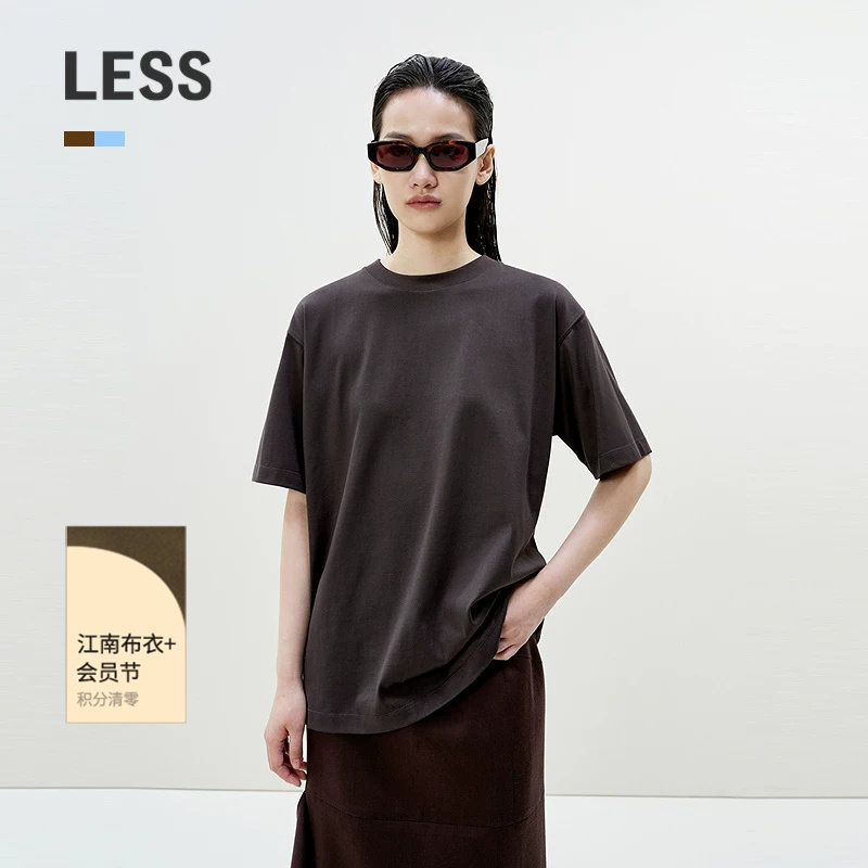 LESS春夏全棉上衣女休闲宽松百搭显瘦纯色圆领短袖T恤2P311