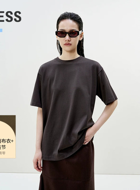 LESS春夏全棉上衣女休闲宽松百搭显瘦纯色圆领短袖T恤2P3113560