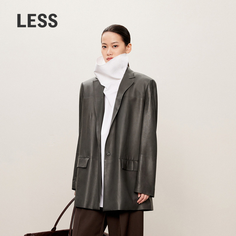 LESS春秋西装式皮衣女复古精工纯色休闲羊皮革外套女2O9A14