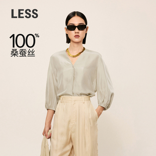 LESS衬衫 简约垂感V领衬衣上衣2O621395H 女桑蚕真丝宽松休闲灯笼袖