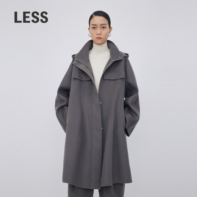 LESS秋冬绵羊毛连帽中长款呢质感大衣外套2NB813150