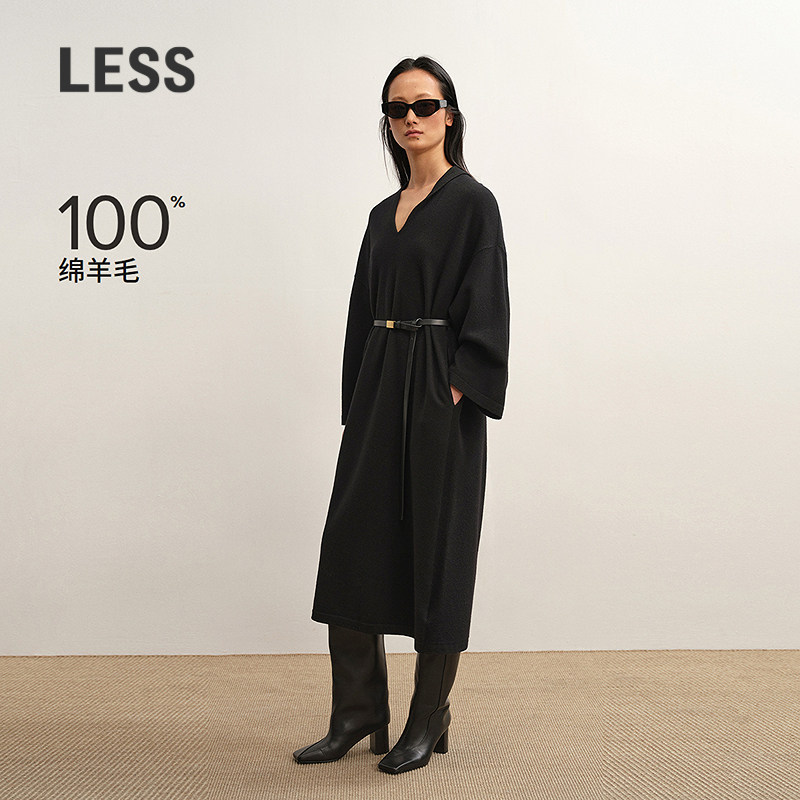 LESS美丽诺V领针织衫连衣裙图片