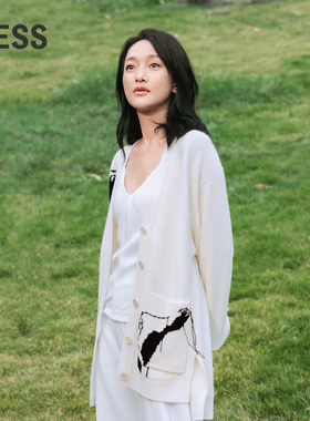 【周迅同款】LESS春季刺绣毛衣开衫女宽松中长针织外套2O1313370