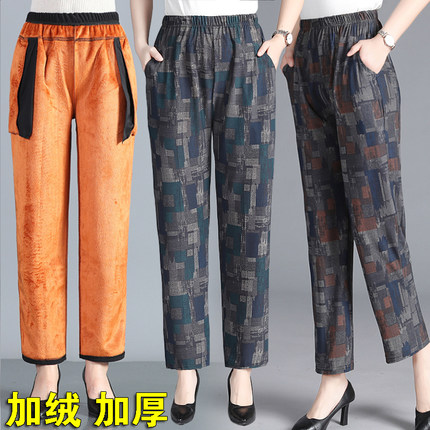 妈妈加绒裤子女秋冬季时尚外穿加厚高腰大码直筒松紧腰中老年女裤
