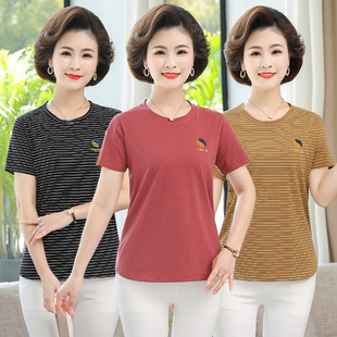 中年妈妈装纯棉短袖t恤衫圆领子刺绣新款中老年女装全棉打底上衣