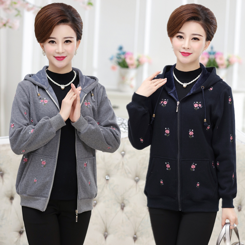 中老年女装加绒卫衣秋冬装休闲大码妈妈装全棉运动外套连帽绣花衫