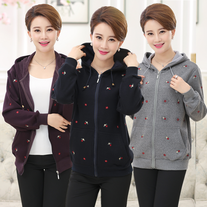 中老年女装加绒卫衣秋冬装休闲大码妈妈装全棉运动外套连帽绣花衫