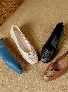 2025新款粗跟单鞋浅口低帮多色复古中跟真皮文艺方头软皮时尚女鞋