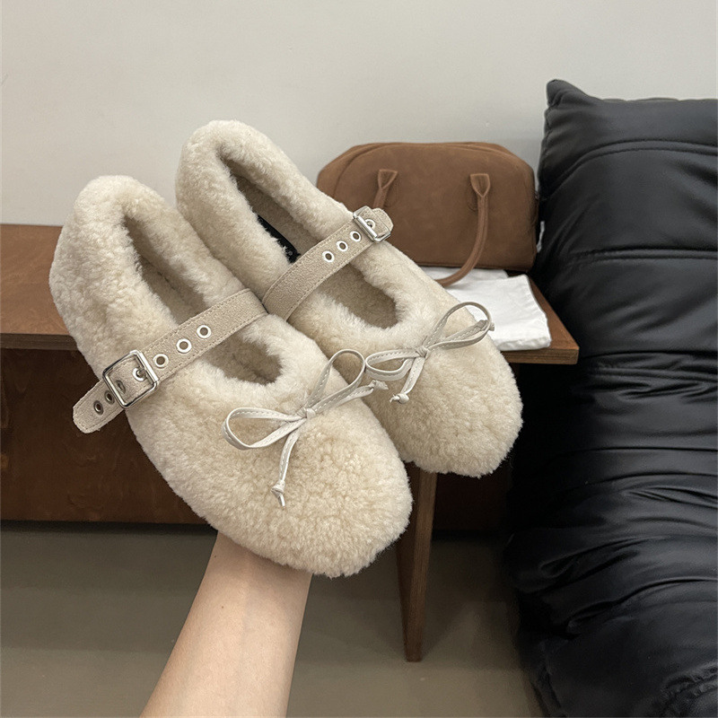 复古羊羔毛真皮毛毛鞋女冬加绒保暖棉平底一字扣带蝴蝶结玛丽珍鞋