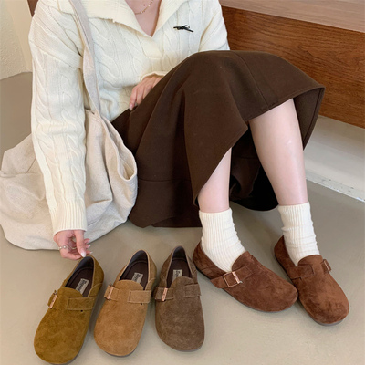 复古头层磨砂牛皮平底勃肯鞋女春秋真皮一脚蹬懒人超软超舒服单鞋