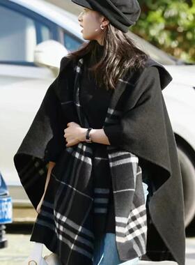 内蒙古纯羊绒斗篷披肩女秋冬B家明星同款双面加厚格子连帽斗篷