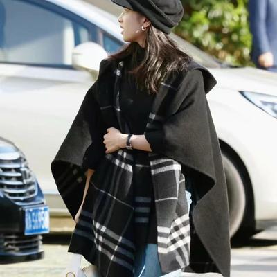 内蒙古纯羊绒斗篷披肩女秋冬B家明星同款双面加厚格子连帽斗篷