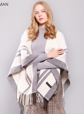 春秋冬季空调房羔羊毛披肩斗篷披风女欧美格子围巾加厚保暖大披风