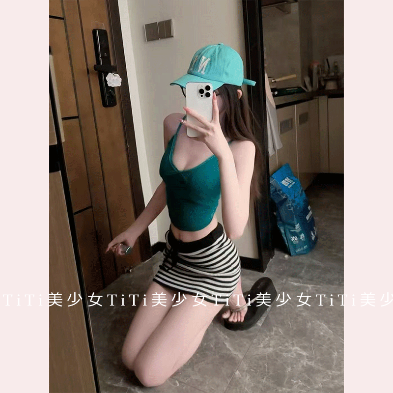 【TiTi美少女】秋新款蕾丝花边吊带背心女内搭上衣黑白条纹短裙