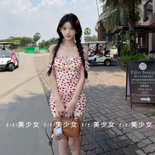 纯欲包臀裙 爱心印花连衣裙设计感绑带甜美辣妹修身 TiTi美少女