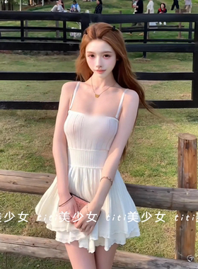 【TiTi美少女】韩系白色纯欲风吊带连衣裙女2026春季辣妹a字短裙