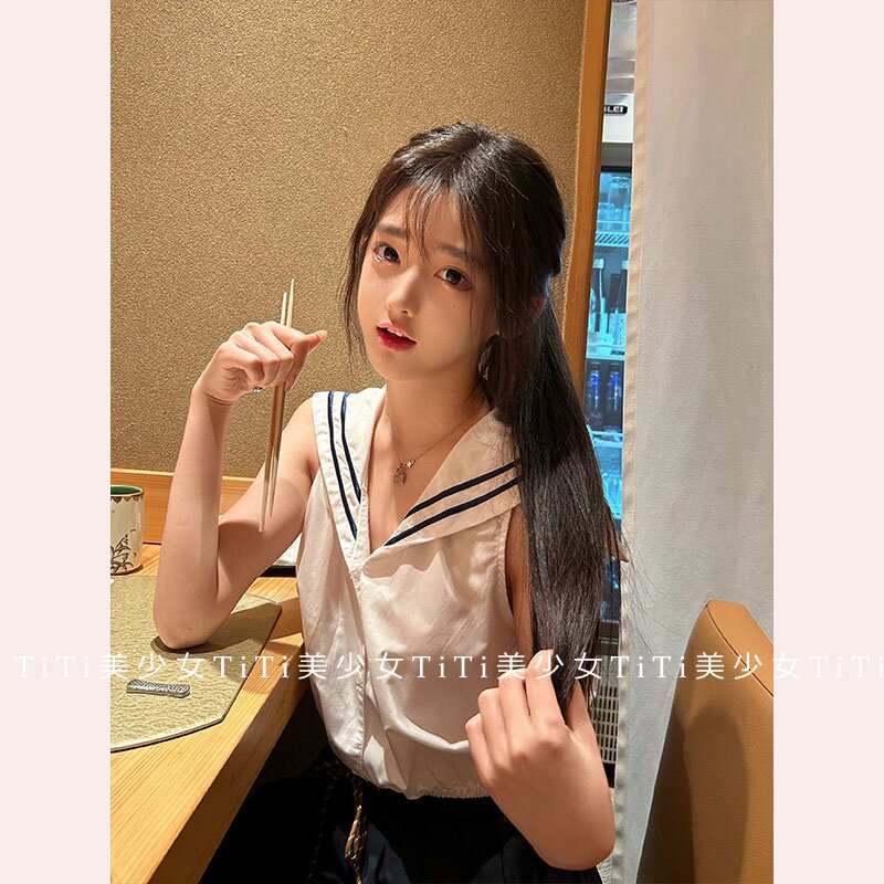 【TiTi美少女】学院风jk海军领短款衬衫设计感小众无袖上衣女夏季