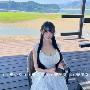 【TiTi美少女】性感收腰修身连衣裙裹胸吊带一字肩棉麻刺绣短裙