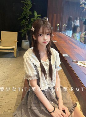 泡泡袖上衣收腰背带蓬蓬裙两件套