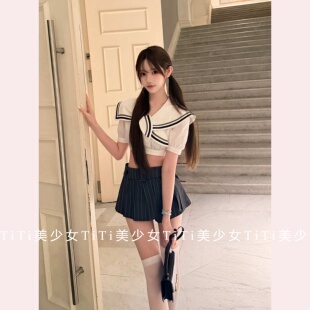 【TiTi美少女】撞色条纹海军领短袖衬衫衬衣短款露脐上衣百褶短裙