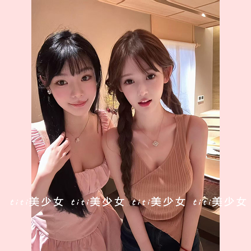 【TiTi美少女】v领针织无袖背心女装不规则绑带内搭短款上衣外穿