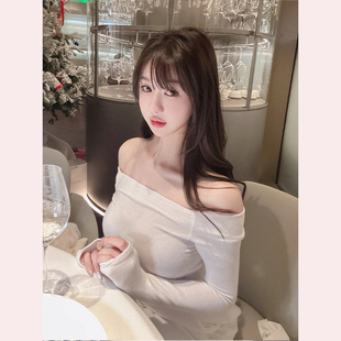 女人味一字露肩性感显身材长袖 掌柜自留款 微透T恤 TiTi美少女
