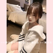 TiTi美少女 春季 新款 小狗四条杠貂毛连帽宽松小众纯欲开衫 外套