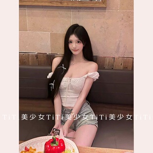 【TiTi美少女】法式甜美白色泡泡袖绑带短款上衣蕾丝纯欲短袖T恤