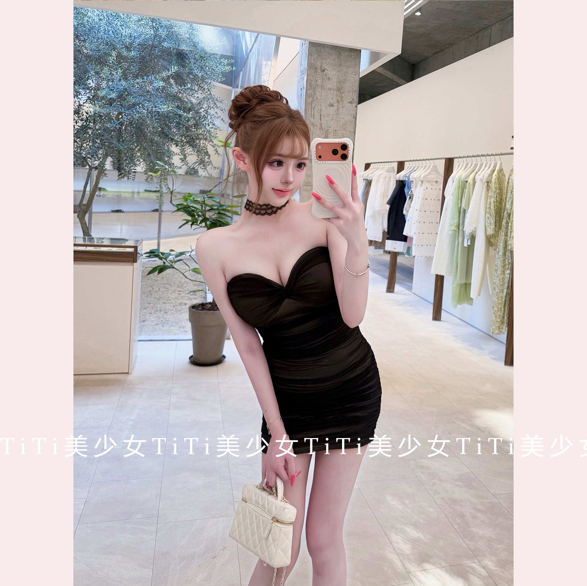 【TiTi美少女】纯欲风一字肩假透肉网纱包臀裙褶皱收腰显瘦连衣裙