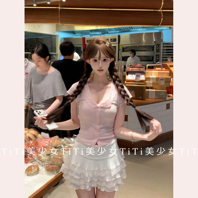 【TiTi美少女】粉色性感风娃娃领短袖T恤女上衣/雪纺蛋糕裙半身裙
