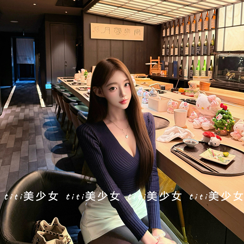 【TiTi美少女】纯欲性感交叉V领长袖针织上衣收腰显瘦气质打底衫,女装/女士精品,大码内搭,淘宝优惠券,粉丝福利购,淘宝优惠卷