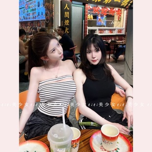 黑白条纹收腰抹胸上衣 TiTi美少女 纯欲性感显胸短款 露脐经典