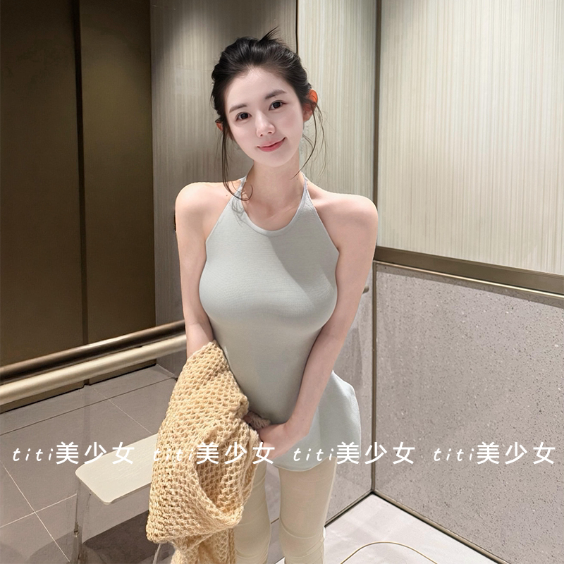 【TiTi美少女】清纯蓝色挂脖连衣裙收腰修身纯欲风显白辣妹短裙子