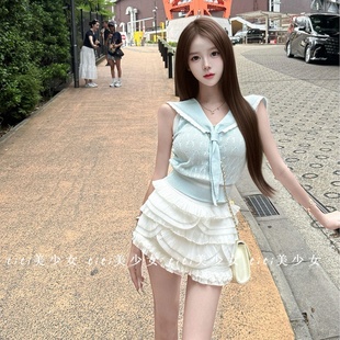 TiTi美少女 纯欲甜美小众设计感显瘦海军领针织T恤马甲背心女