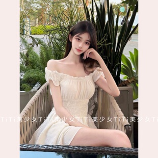 【TiTi美少女】甜美收腰修身连衣裙裹胸吊带一字肩棉麻刺绣短裙女