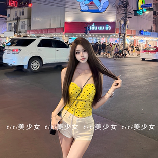 上衣 性感黄色波点抹胸背心设计感镂空带胸垫短款 TiTi美少女