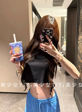宽松纯色露脐短袖百搭t恤