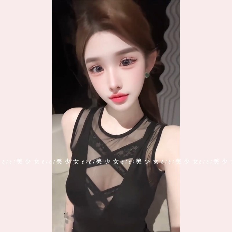 【TiTi美少女】网纱拼接透视无袖背心女春黑色吊带上衣叠穿两件套,女装/女士精品,大码内搭,淘宝优惠券,粉丝福利购,淘宝优惠卷